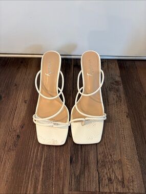 White Strappy Square-Toe Mid-Heel Sandals